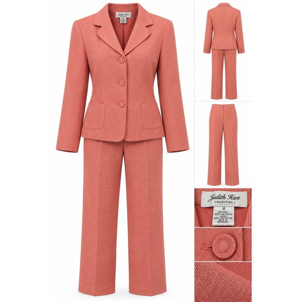 Vintage Judith Hart Collection Coral Pink Pant Suit Set Blazer Trousers Size 12